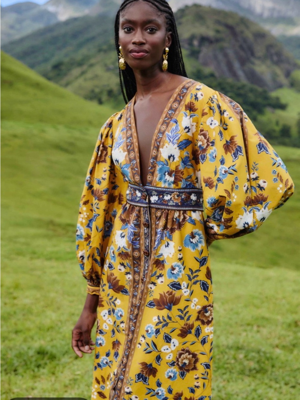 FARM Rio Mustard Yellow Floral V-Neck Maxi Dress with Blue & Brown Accents